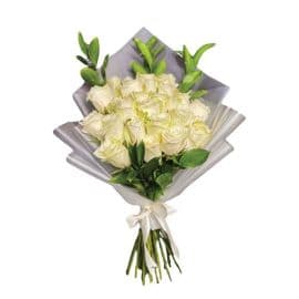 A bouquet of approximately 20 flowers of white roses and ruscus